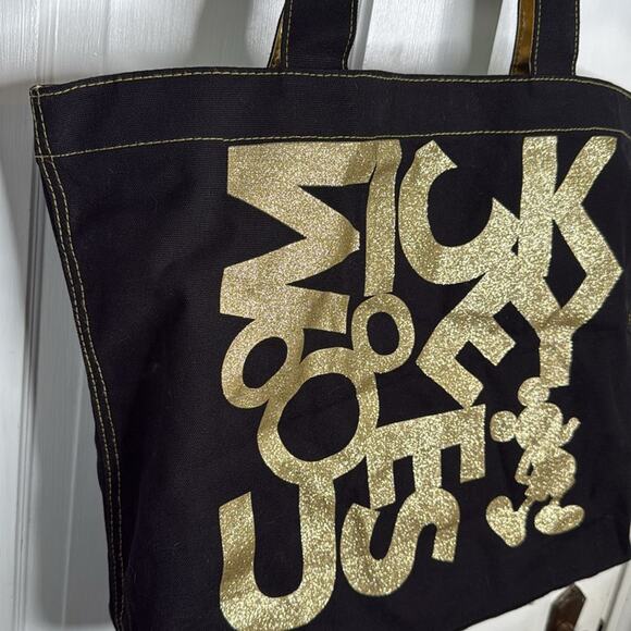 Disney Parks Mickey Mouse Black with Metallic Gold Sparkle Canvas Tote Bag - Picture 2 of 5